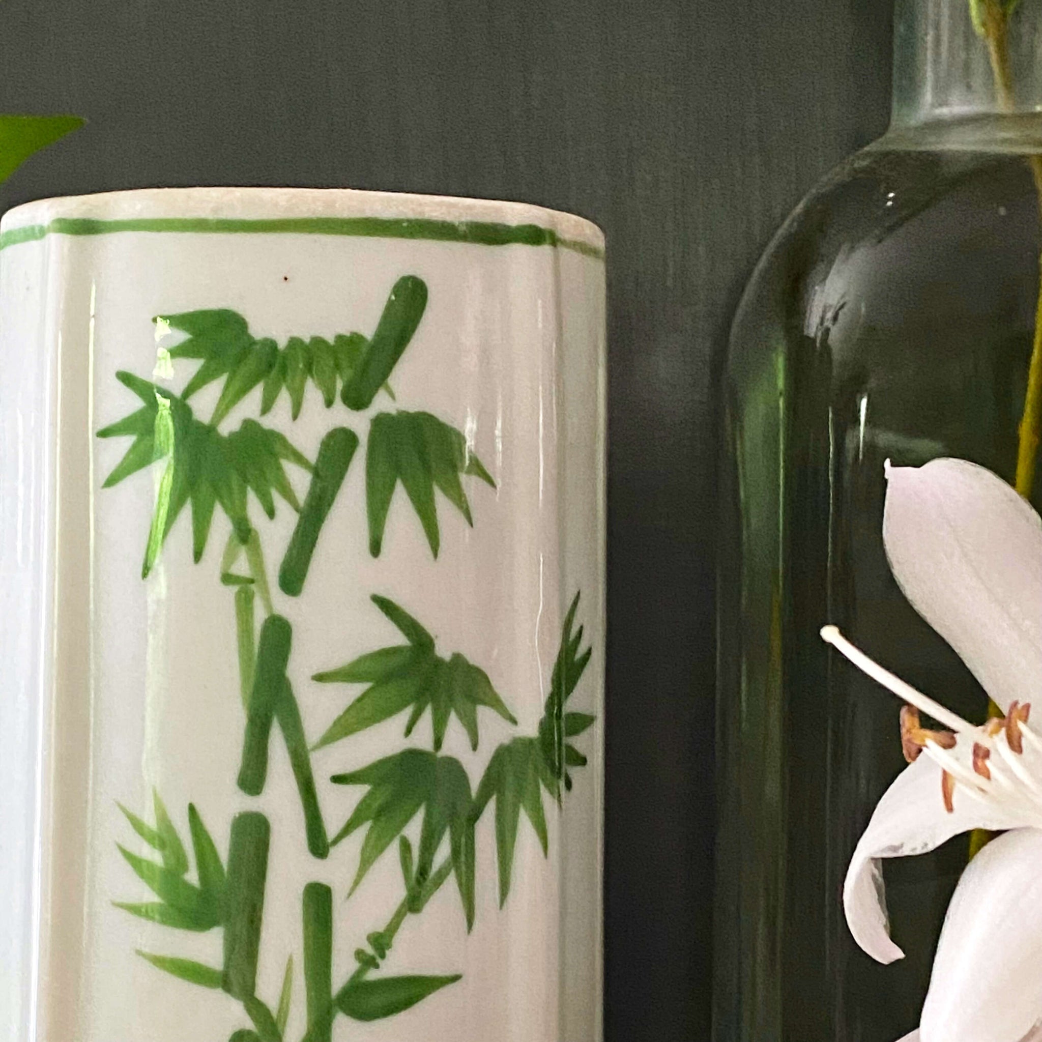 Vintage Ironstone Vase Planter with Green Bamboo Shoot Pattern circa 1990s