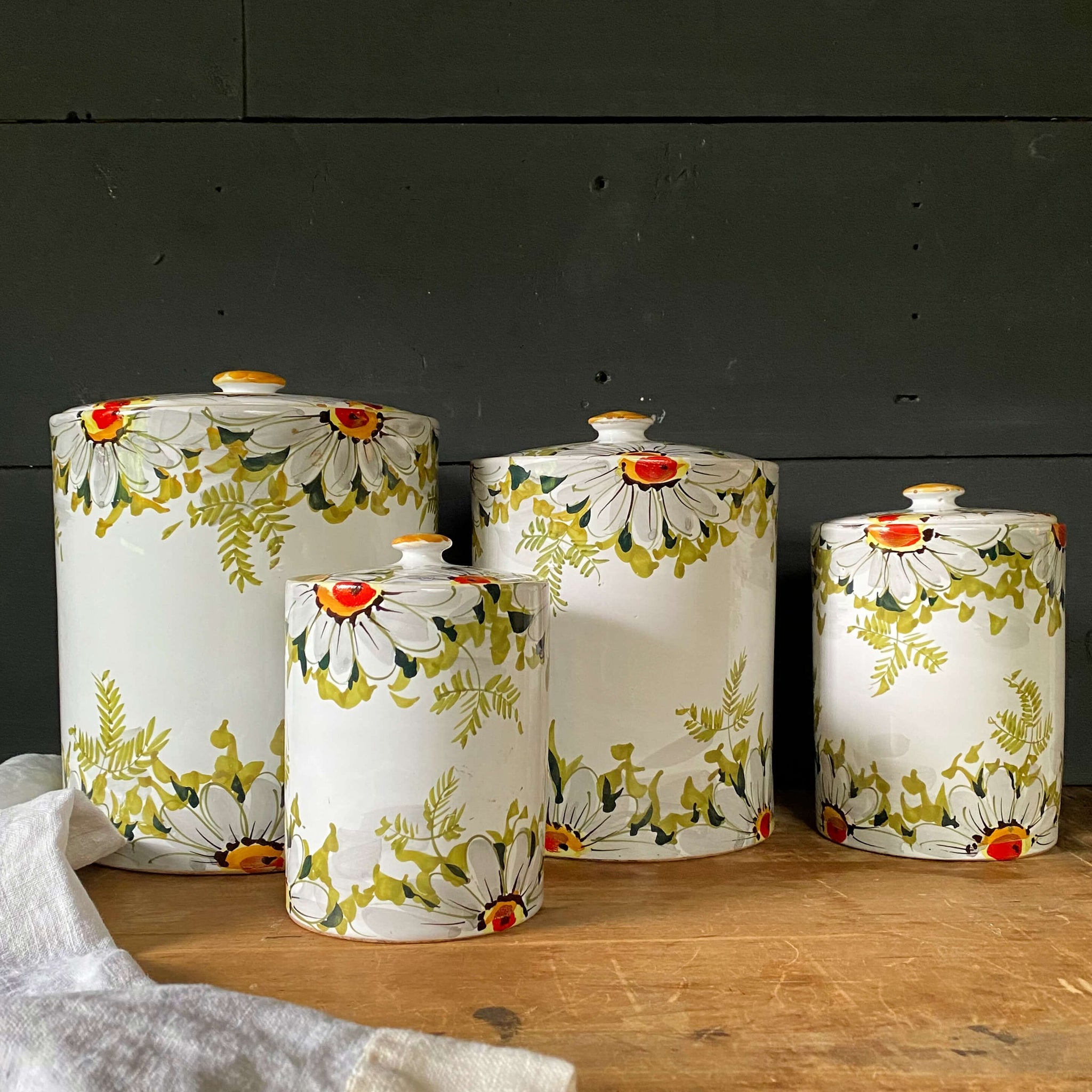 Handmade Italian Ceramic Kitchen Canisters with Handpainted Florals - Set of Four