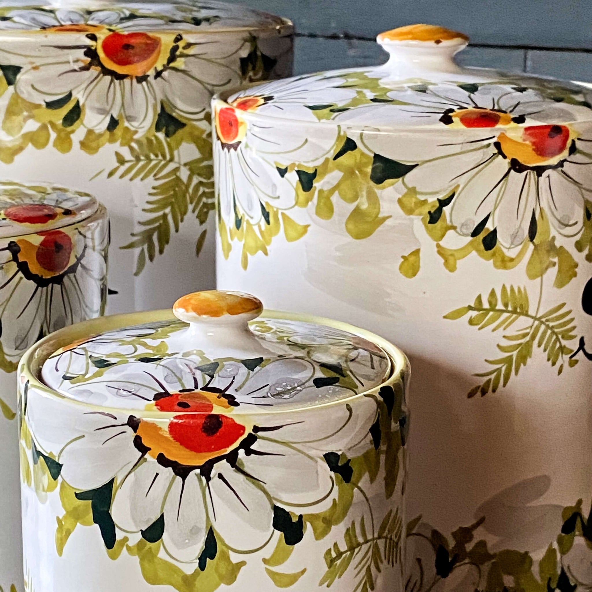 Handmade Italian Ceramic Kitchen Canisters with Handpainted Florals - Set of Four