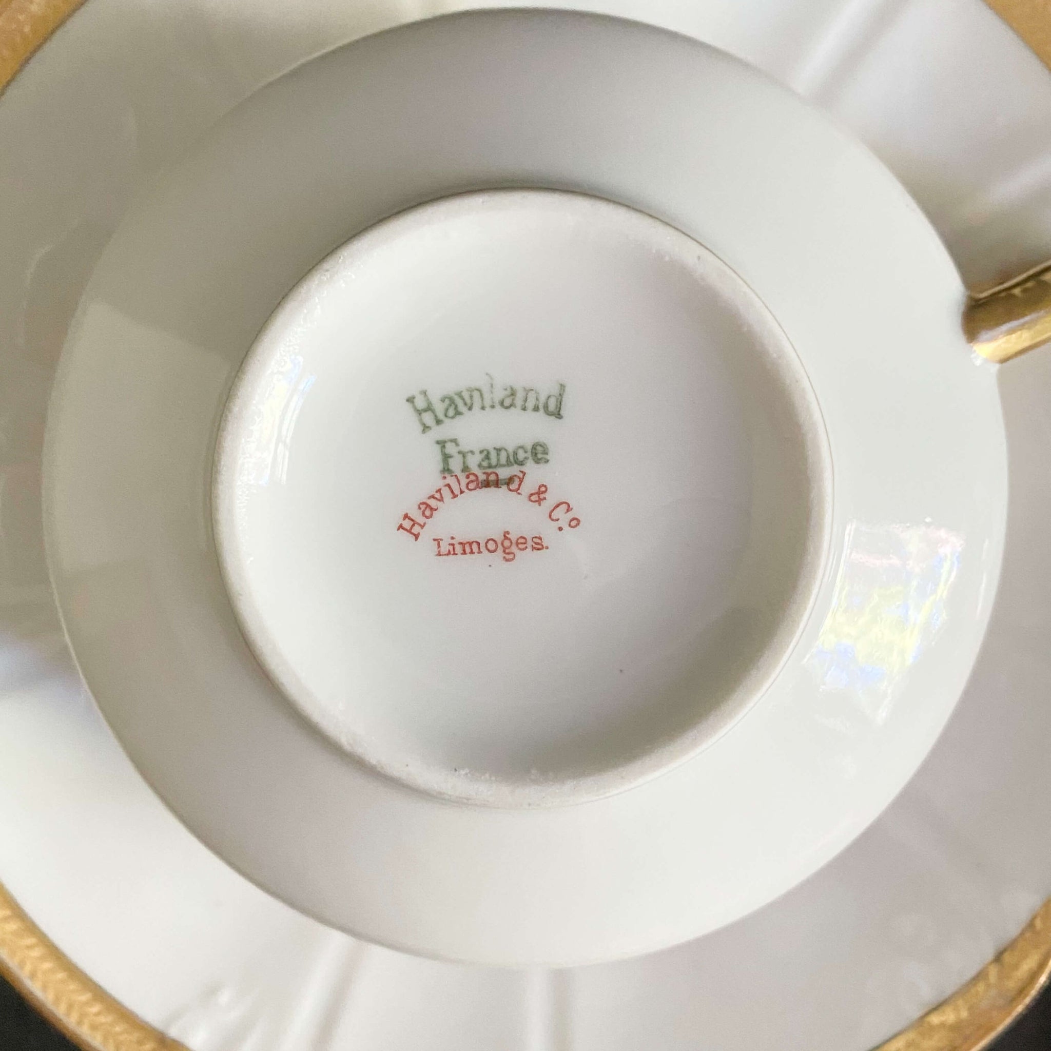 Antique Gold & White French Porcelain Cups & Saucers - Mismatched Set of Two circa 1880s-1930s