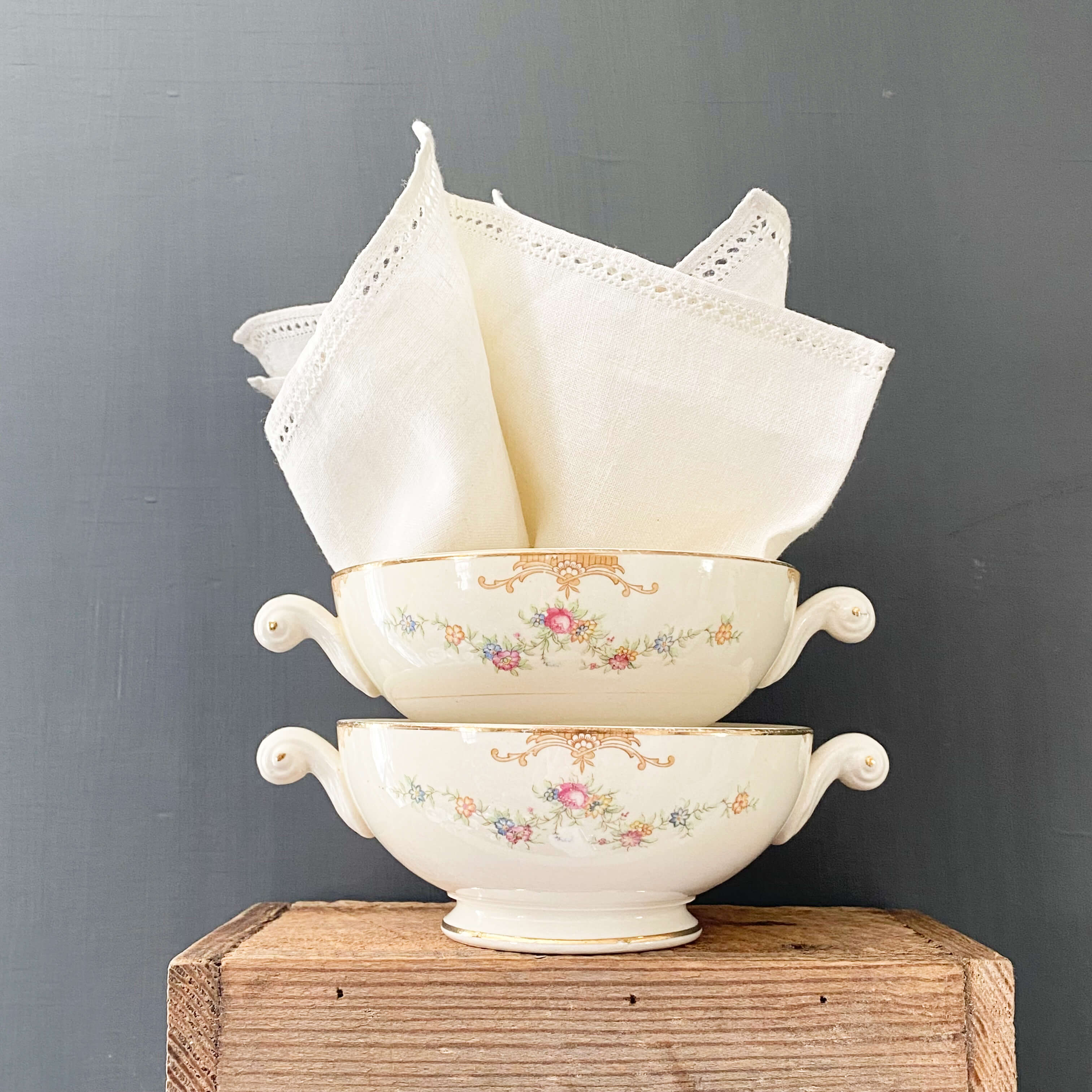 Vintage Floral Eggshell Nautilus Footed Cream Soup Bowls Vintage Floral Eggshell Nautilus Footed Cream Soup Bowls