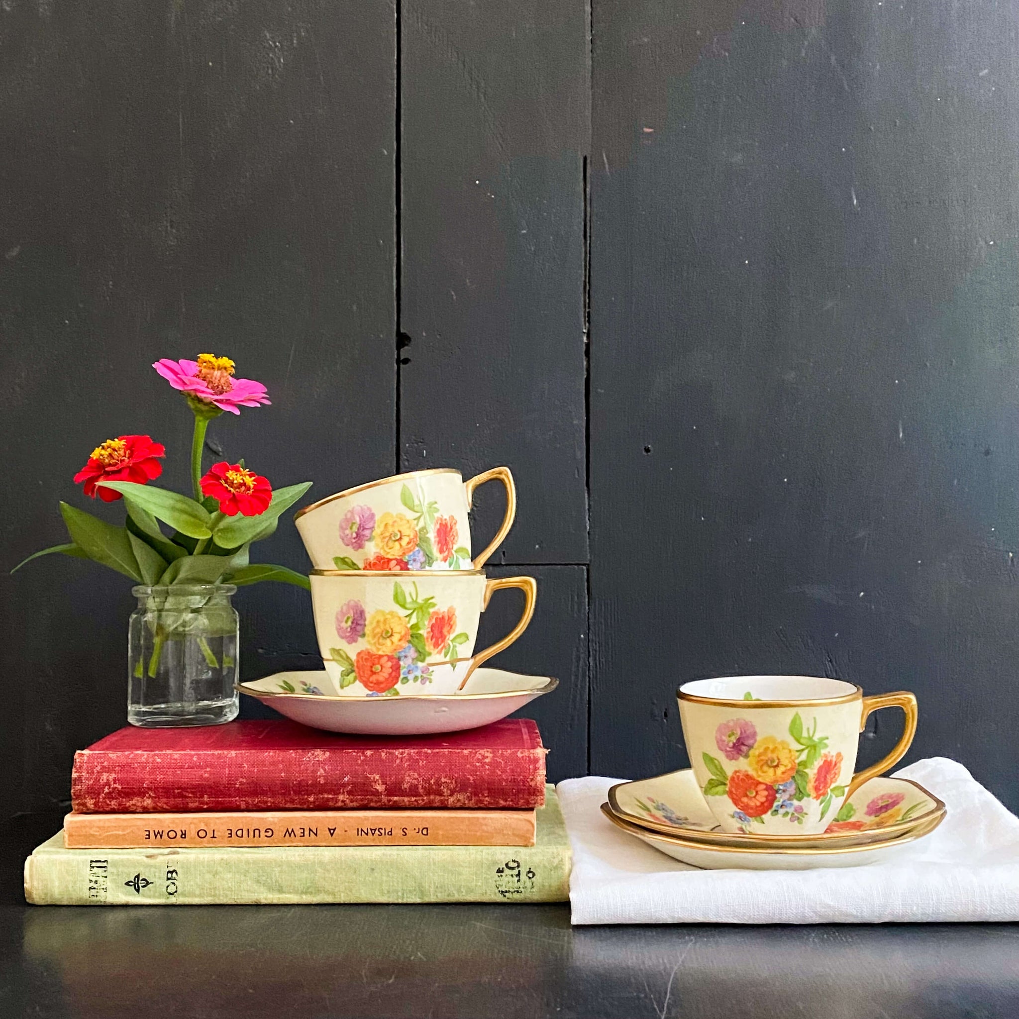 Rare Johnson Bros Floral Demitasse Cups & Saucers with Zinnia Flowers -  Set of Three