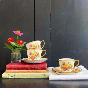 Rare Johnson Bros Floral Demitasse Cups & Saucers with Zinnia Flowers -  Set of Three