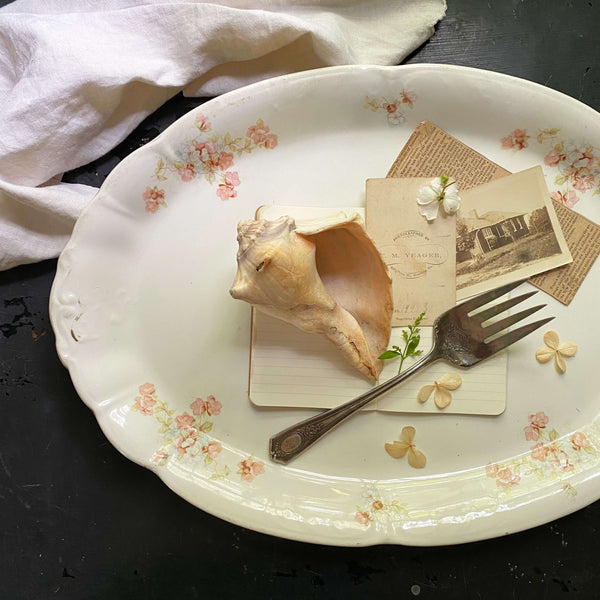 Large Antique Anchor Pottery Platter with Pink & White Flowers circa 1884-1926