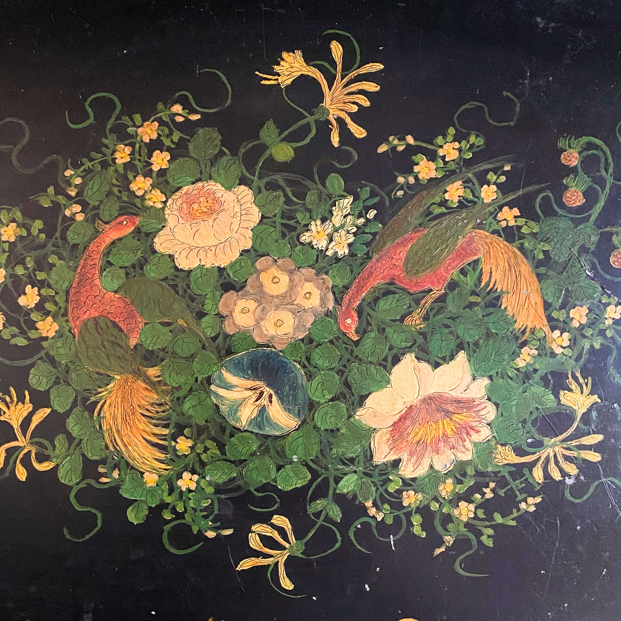Antique Black Tole Tray with Hand-Painted Birds and Flowers - 16 x 22 Size