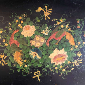 Antique Black Tole Tray with Hand-Painted Birds and Flowers - 16 x 22 Size