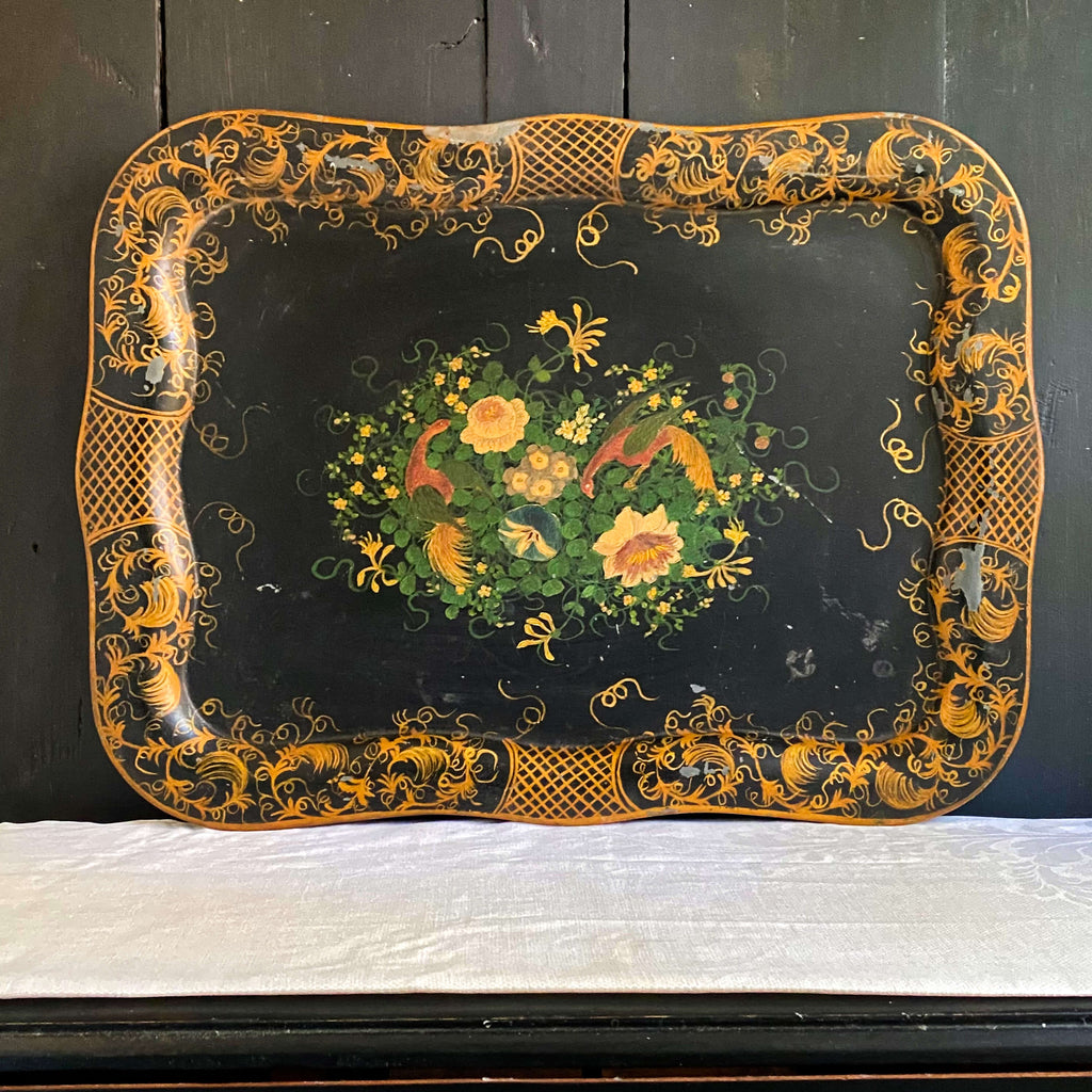 Antique Black Tole Tray with Hand-Painted Birds and Flowers - 16 x 22 Size