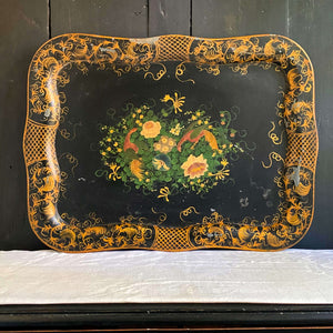 Antique Black Tole Tray with Hand-Painted Birds and Flowers - 16 x 22 Size