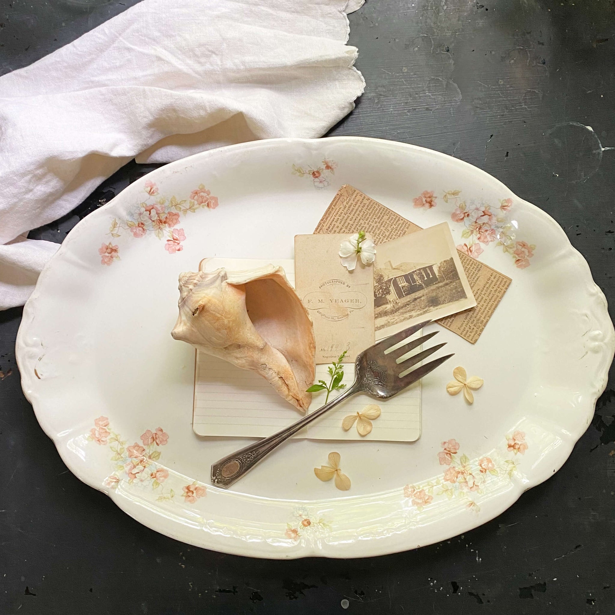 Large Antique Anchor Pottery Platter with Pink & White Flowers circa 1884-1926