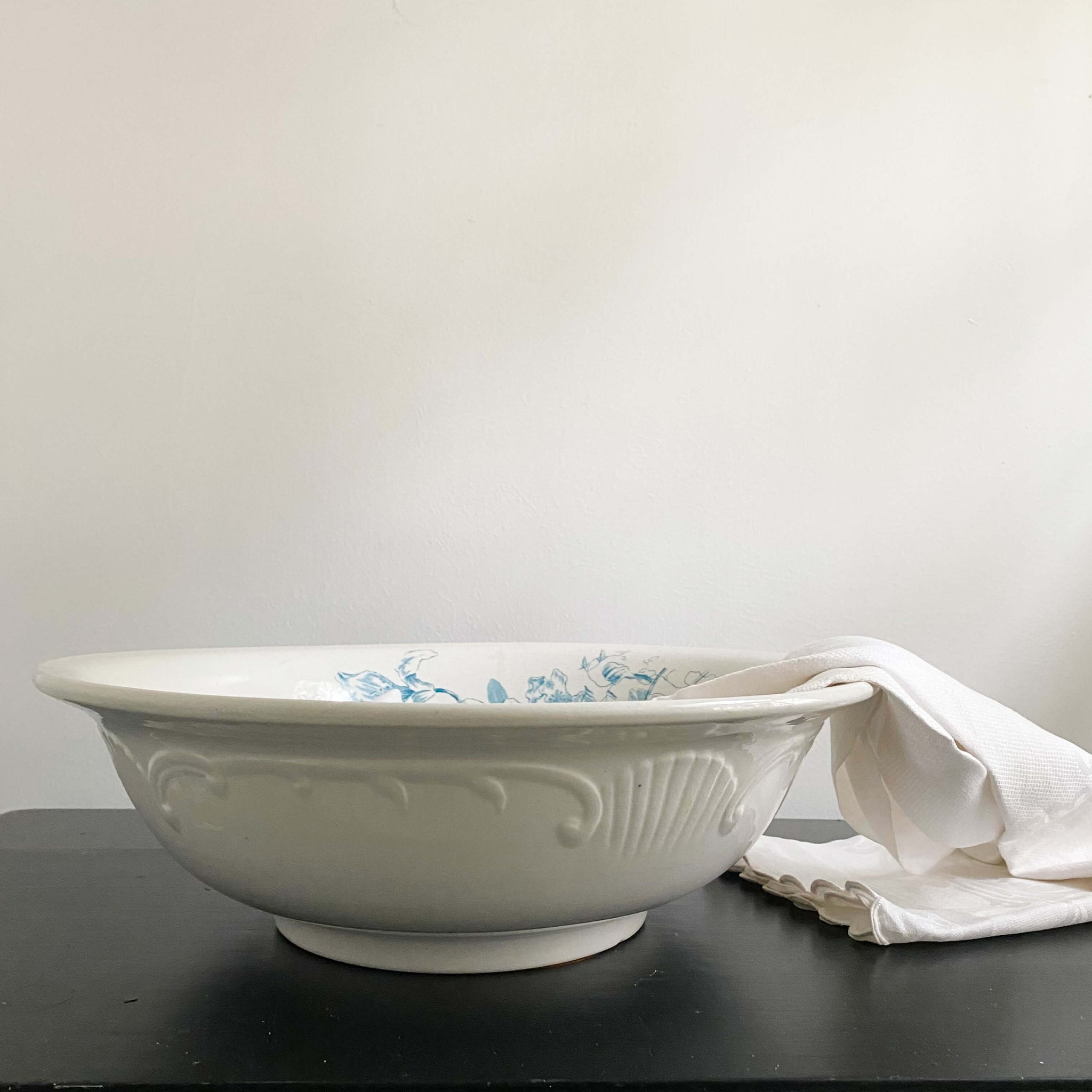 Antique Large Wash Basin Bowl with Teal Flowers by International Pottery Co circa 1920s-1930s