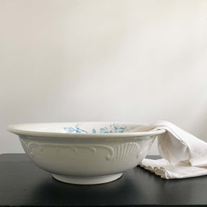 Antique Large Wash Basin Bowl with Teal Flowers by International Pottery Co circa 1920s-1930s