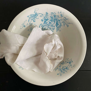 Antique Large Wash Basin Bowl with Teal Flowers by International Pottery Co circa 1920s-1930s