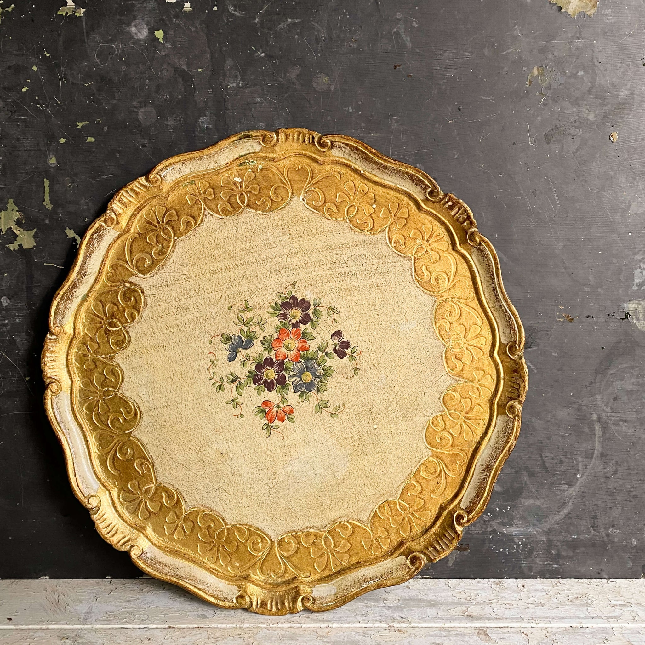 Vintage Large Florentine Serving Tray - Round Floral