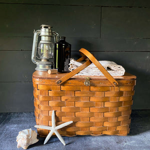 Vintage Large Split Oak Picnic Basket with Brass Latch
