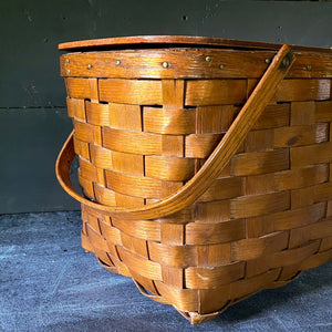 Vintage Large Split Oak Picnic Basket with Brass Latch