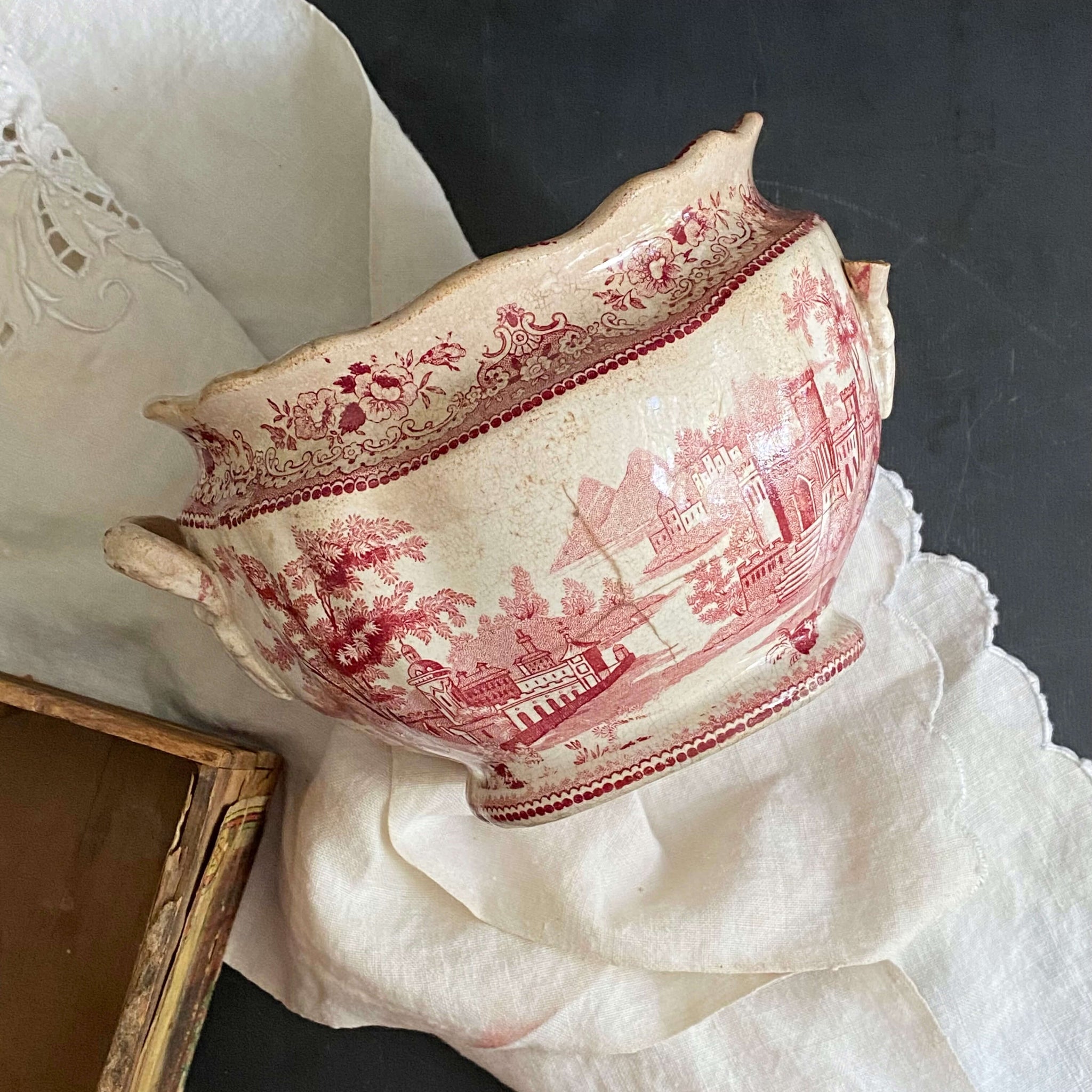Rare Antique Weathered Red Transferware Sugar Bowl or Small Tureen - circa 1830s-1850s (Presumed)
