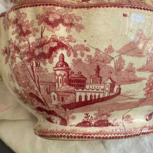 Rare Antique Weathered Red Transferware Sugar Bowl or Small Tureen - circa 1830s-1850s (Presumed)