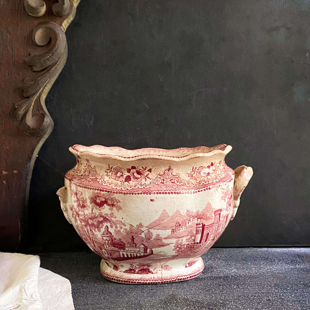 Rare Antique Weathered Red Transferware Sugar Bowl or Small Tureen - circa 1830s-1850s (Presumed)