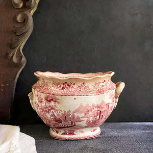Rare Antique Weathered Red Transferware Sugar Bowl or Small Tureen - circa 1830s-1850s (Presumed)