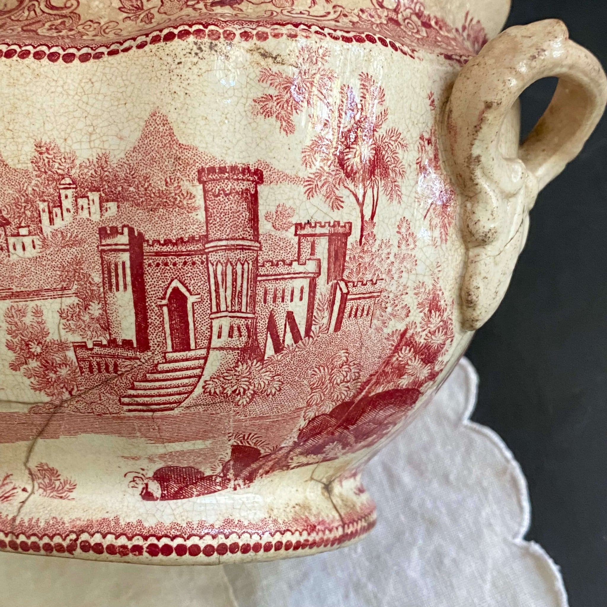 Rare Antique Weathered Red Transferware Sugar Bowl or Small Tureen - circa 1830s-1850s (Presumed)