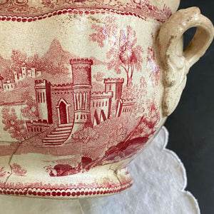 Rare Antique Weathered Red Transferware Sugar Bowl or Small Tureen - circa 1830s-1850s (Presumed)