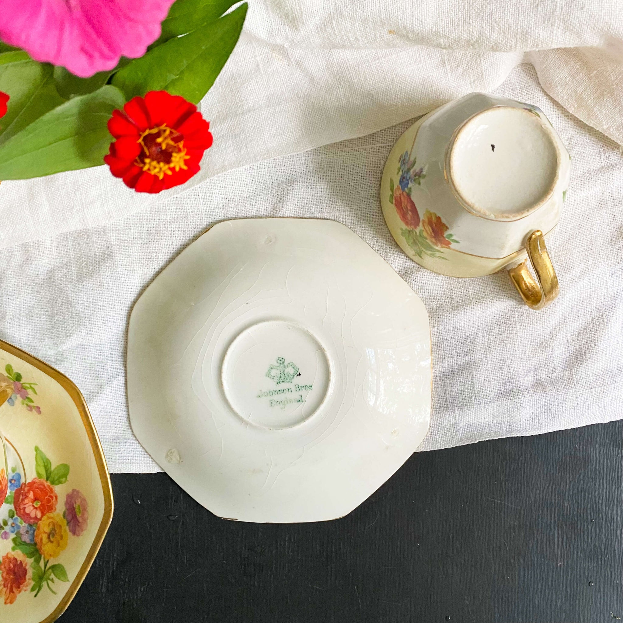 Rare Johnson Bros Floral Demitasse Cups & Saucers with Zinnia Flowers -  Set of Three