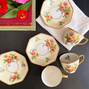 Rare Johnson Bros Floral Demitasse Cups & Saucers with Zinnia Flowers -  Set of Three
