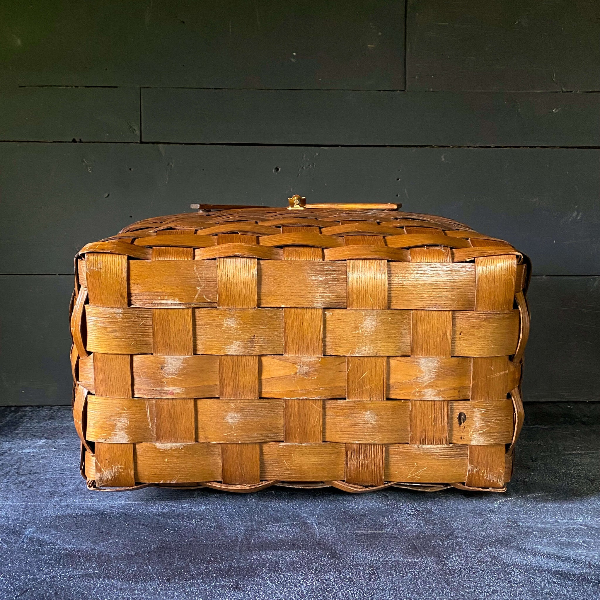 Vintage Large Split Oak Picnic Basket with Brass Latch