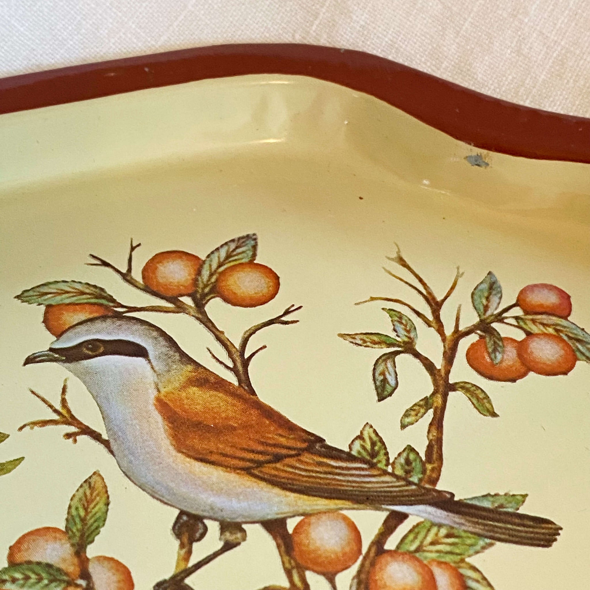 Vintage Mini Metal Bird Tray with Sparrows, Flowers and Fruit