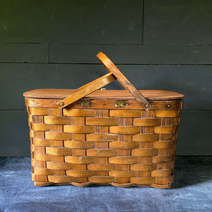 Vintage Large Split Oak Picnic Basket with Brass Latch