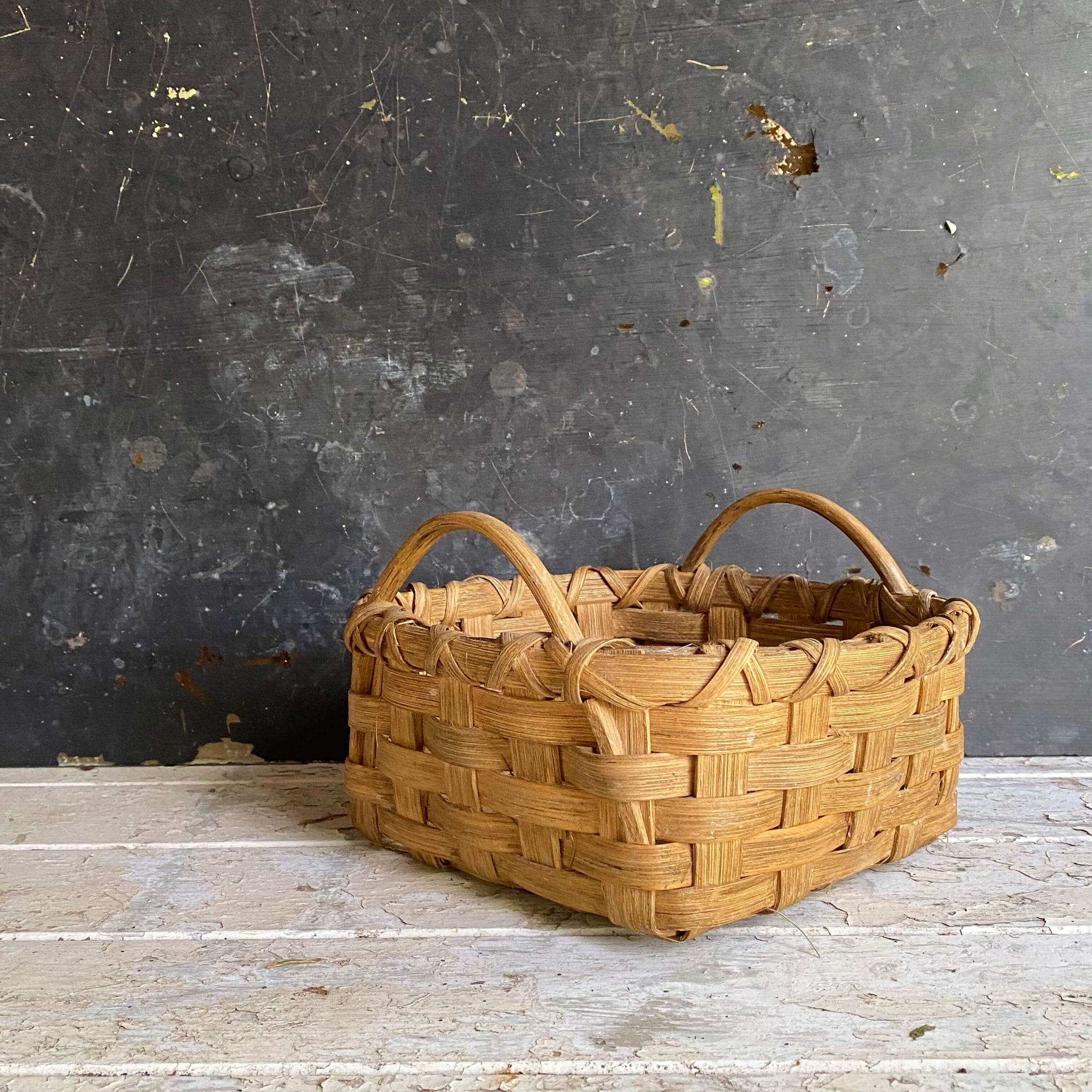 Small Antique Split Oak Basket - Handmade Square Size with Handles