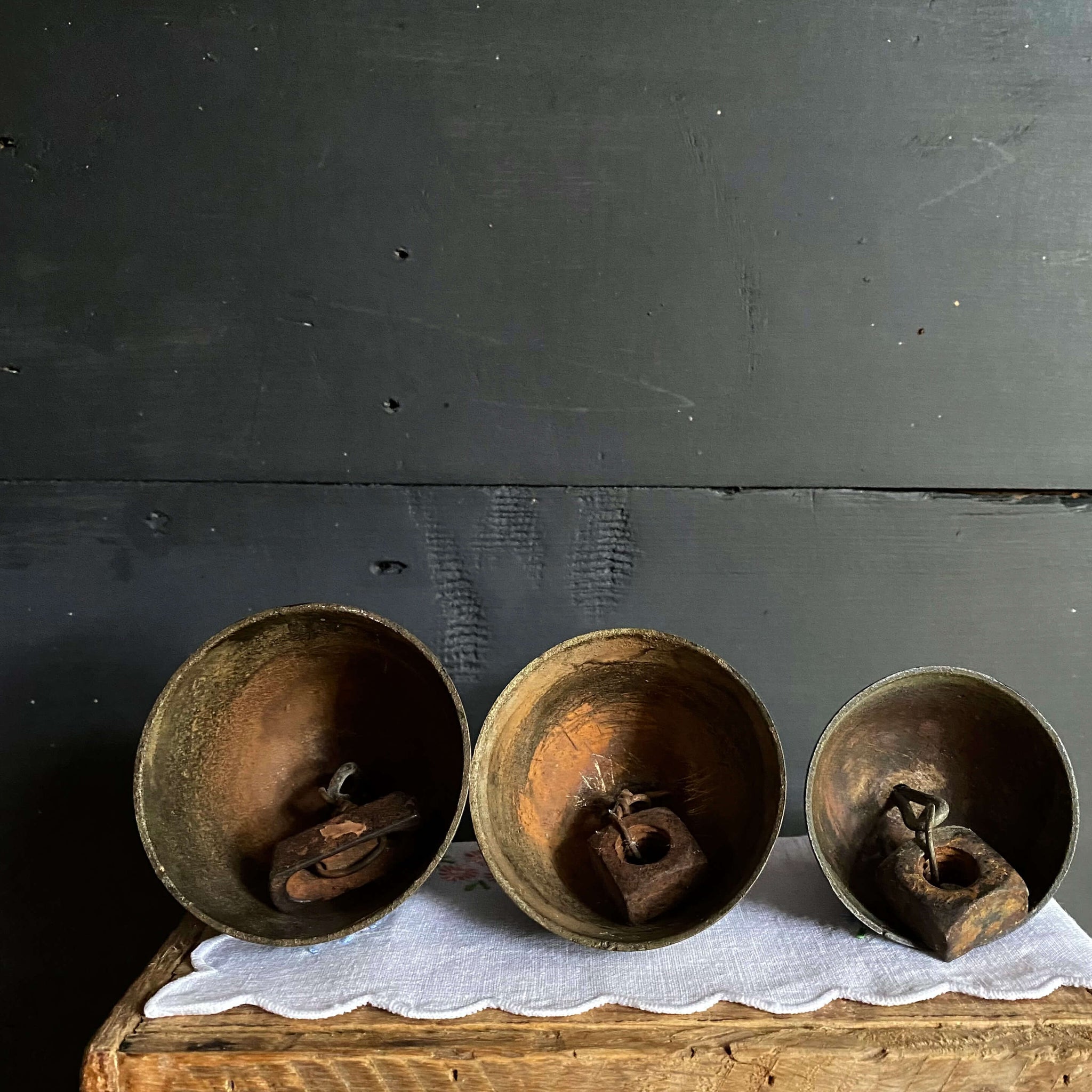 Antique Primitive Brass Livestock Bells - Set of Three