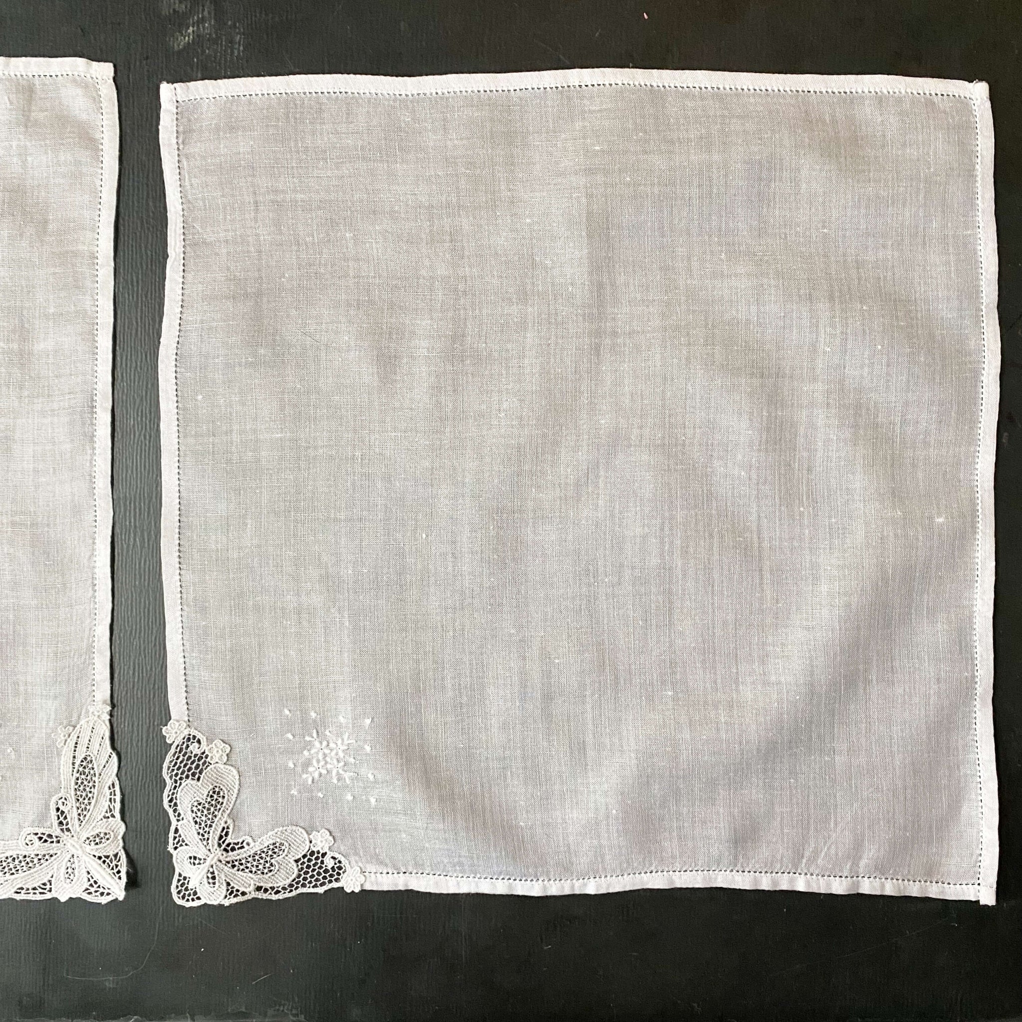 Vintage All White Embroidered Handkerchiefs with Lace Butterfly Corners - Set of Two