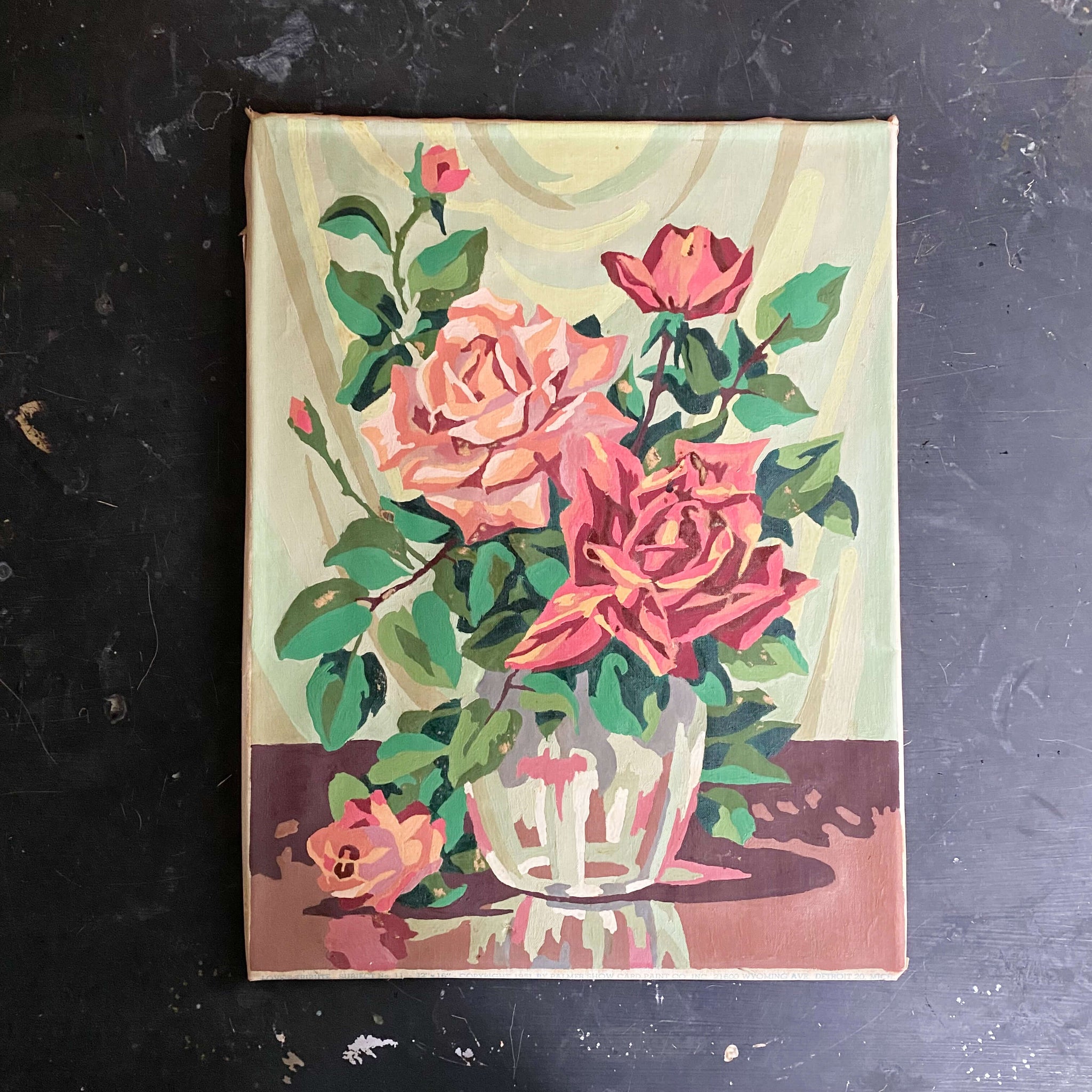Vintage 1950s Rolled Canvas Paint By Number - Pink Rose Bouquet - Love's Tribute - Palmer Show Card Paint Co circa 1951