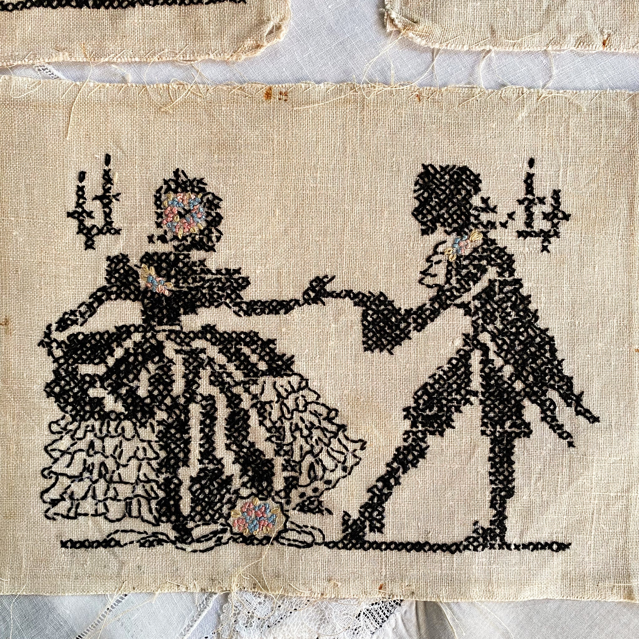 Vintage 1930s Courtly Dancing Embroidery Samplers - Baroque Era Couple - Set of Three