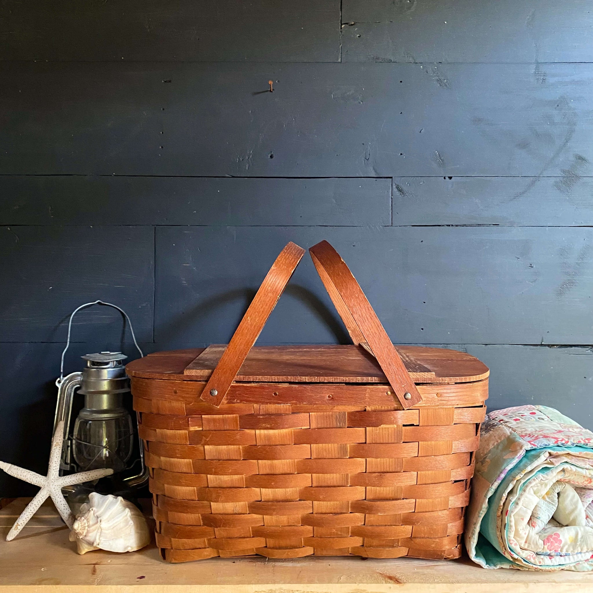 Vintage 1930s Split Oak Basketweave Picnic Basket