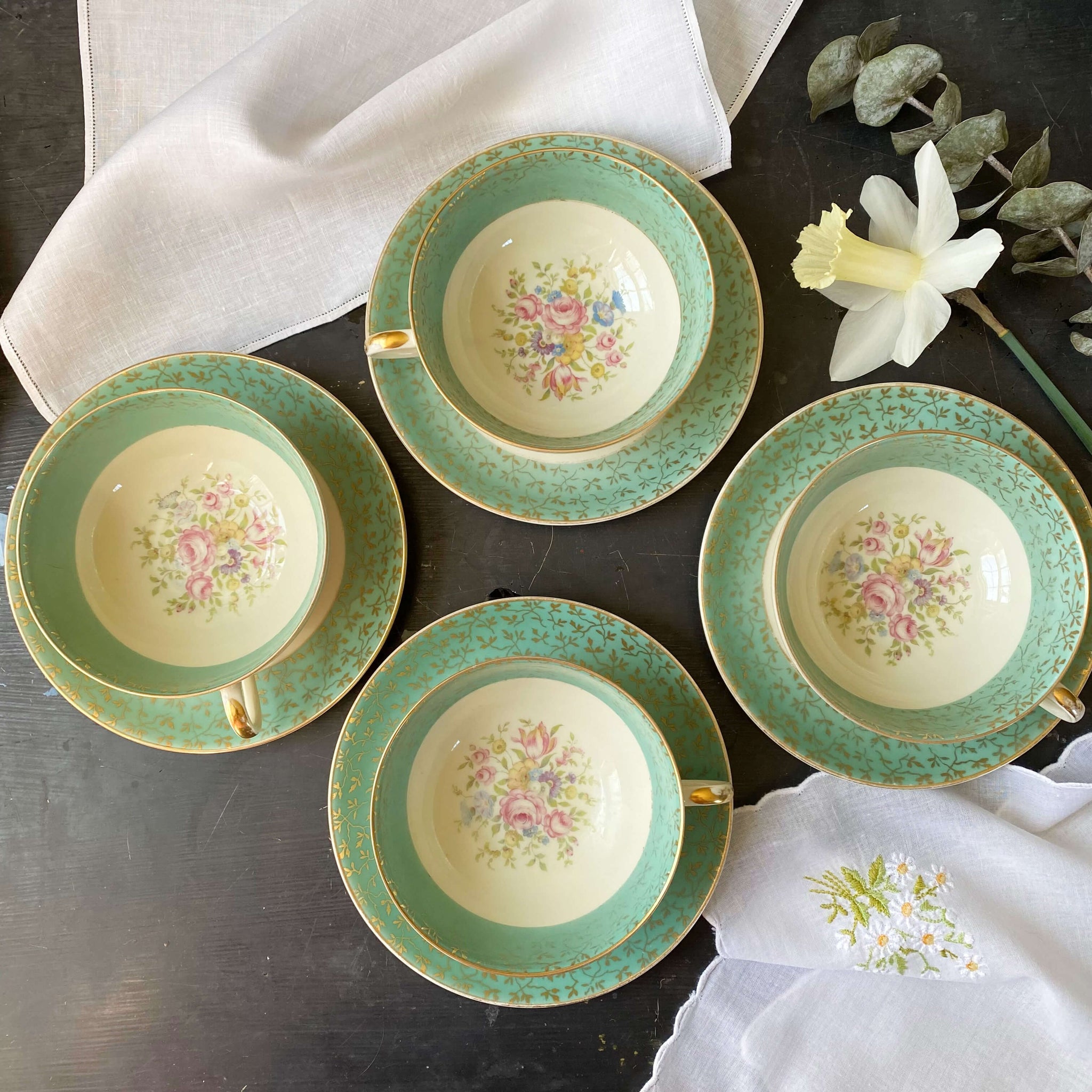 Vintage Thomas Ivory Porcelain Cups & Saucers with Green Bands circa 1939-1952 - Set of Four