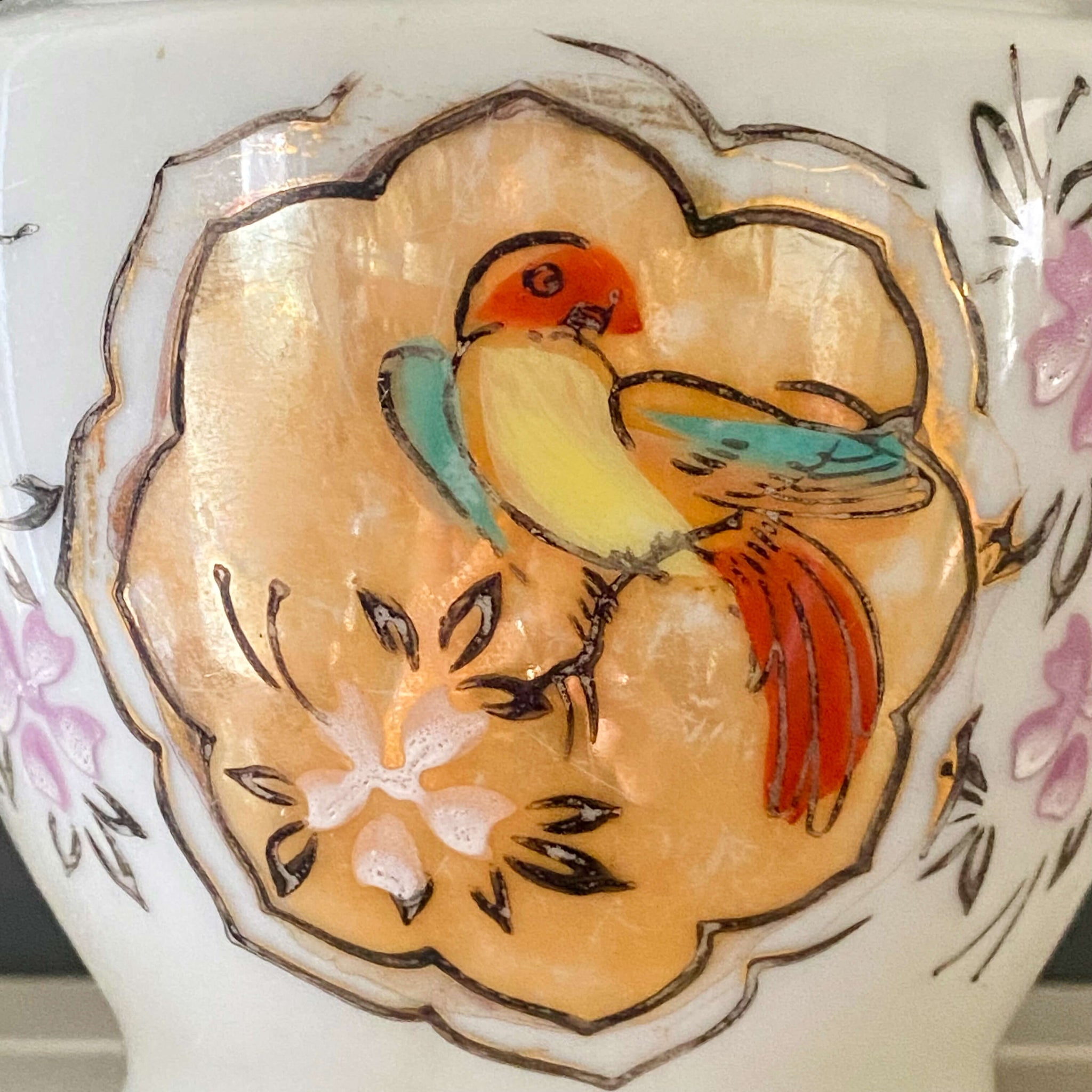 Vintage Porcelain Lustreware Sugar Bowl with Handpainted Bird Made in Japan circa 1940s/1950s