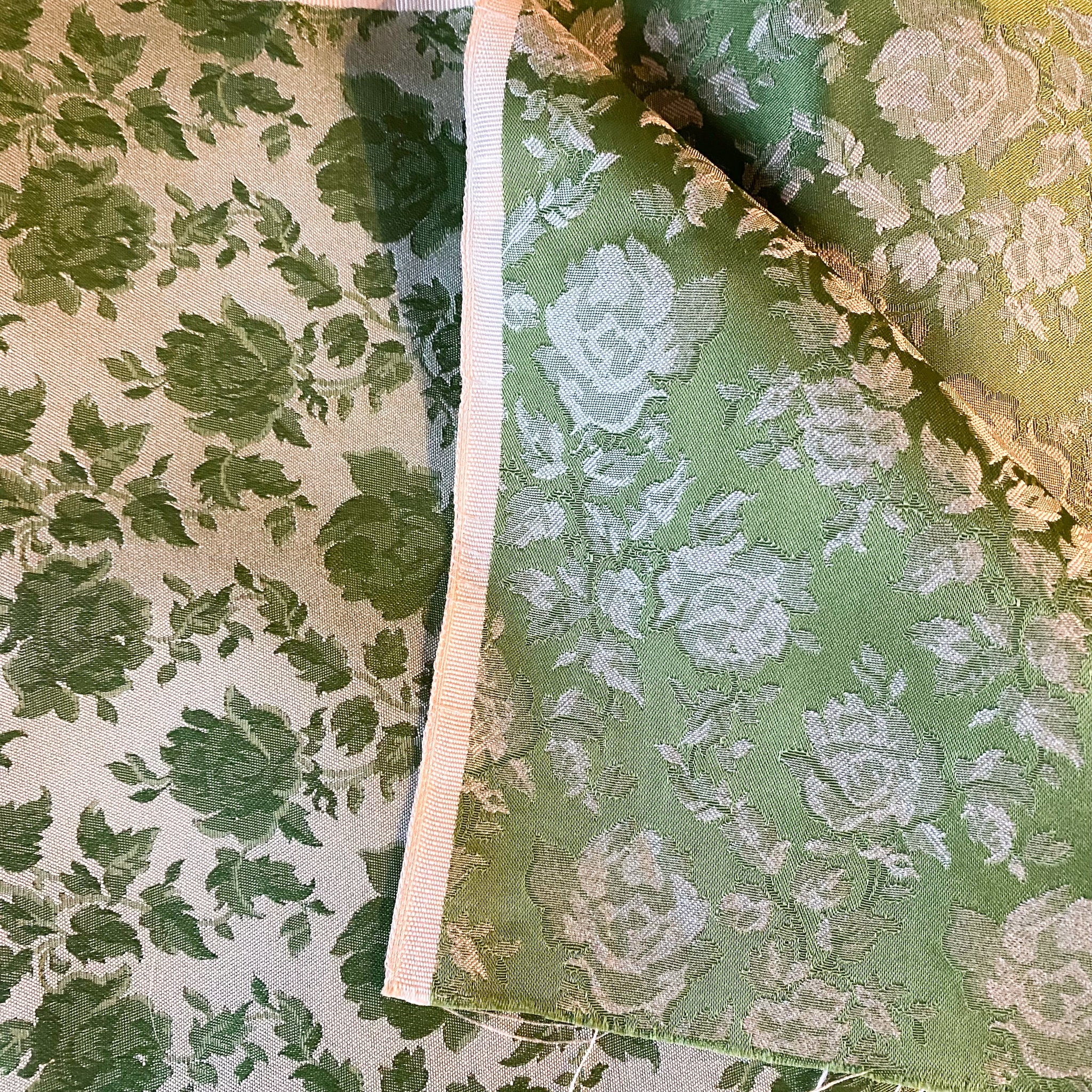 Vintage 1960s Green Floral Tone on Tone Upholstery Fabric - Brocade Damask-Style Fabric Remnant - 4 yards x 1 yard