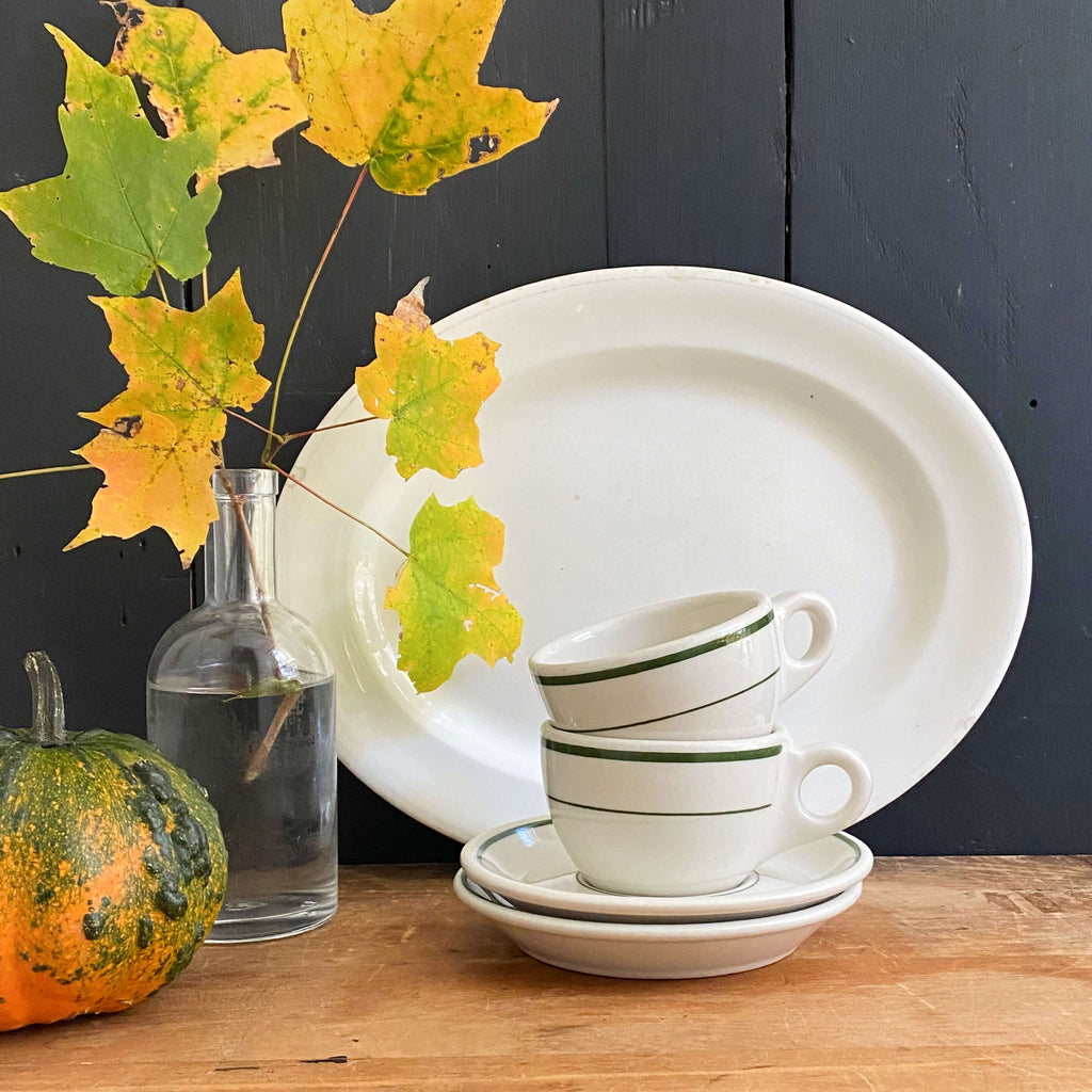 Vintage Green Striped Restaurant Ware Cups and Saucers by Buffalo China - Set of Two circa 1962-1986