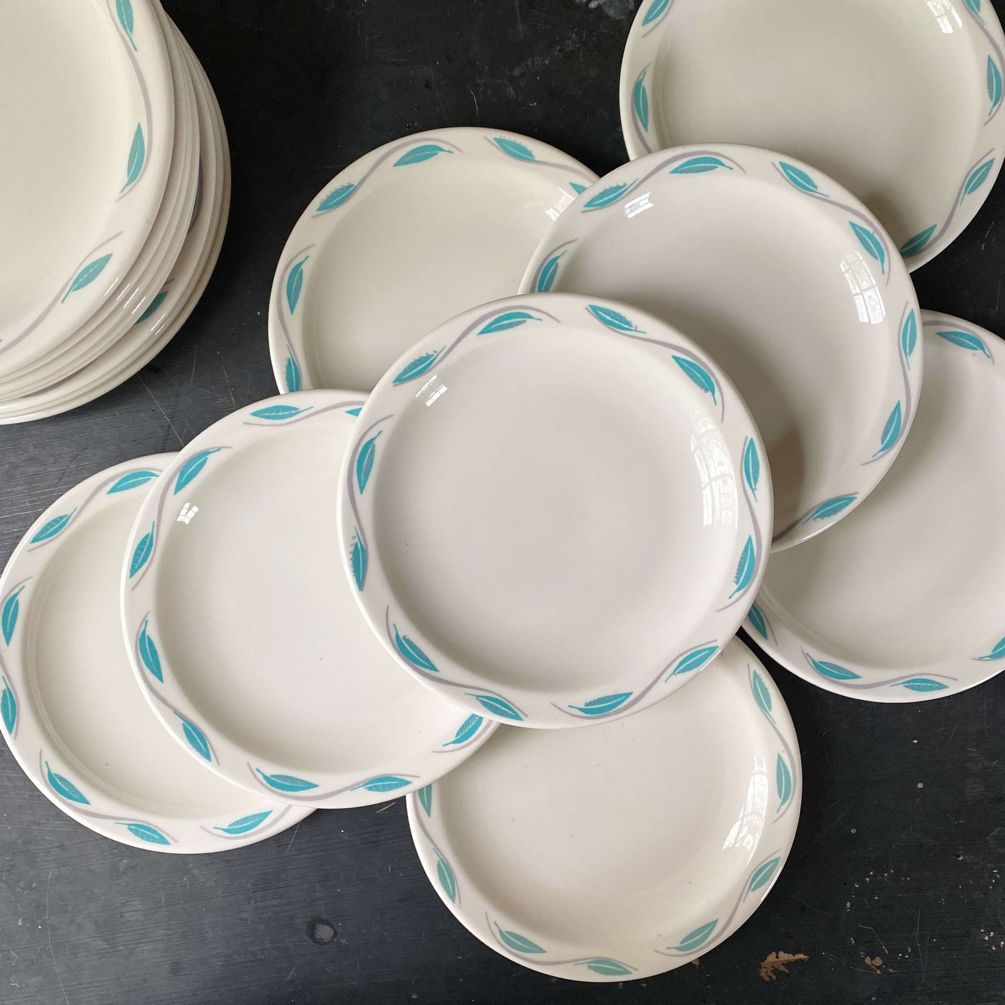 Vintage Homer Laughlin Turquoise Leaf Restaurant Ware Plates and Cups circa 1960s-1980s