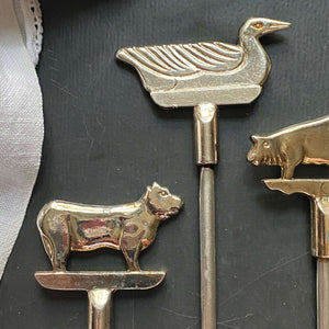 Vintage Brass Kebab Skewers with Animal Finials - Set of 7 -  Made in Taiwan circa 1960s-1970s