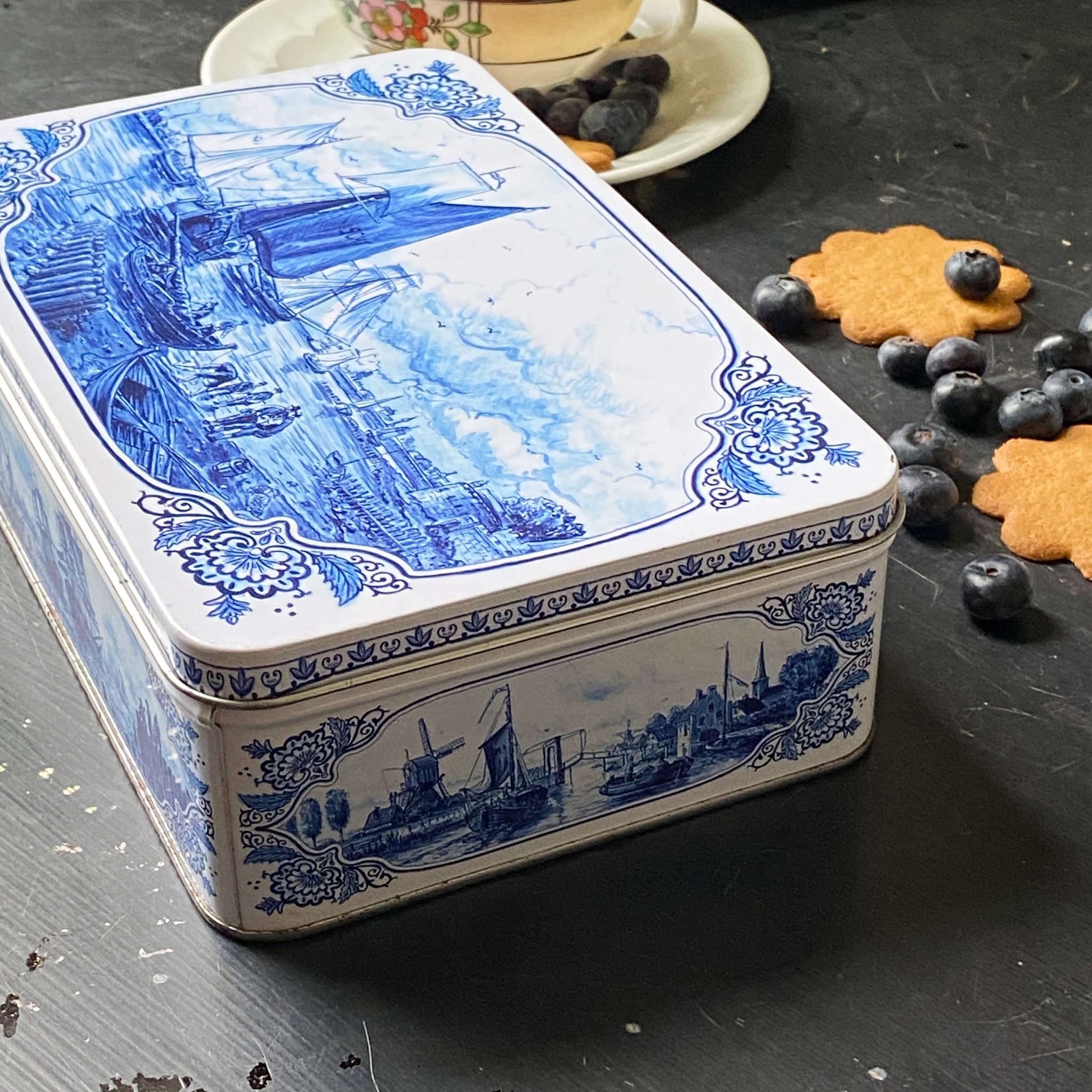 Vintage Blue and White Dutch Cookie Tin - Hellema Cookies circa 1980s-1990s
