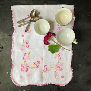 Vintage Hand-Embroidered Pink Floral Table Runner - 41 x15
