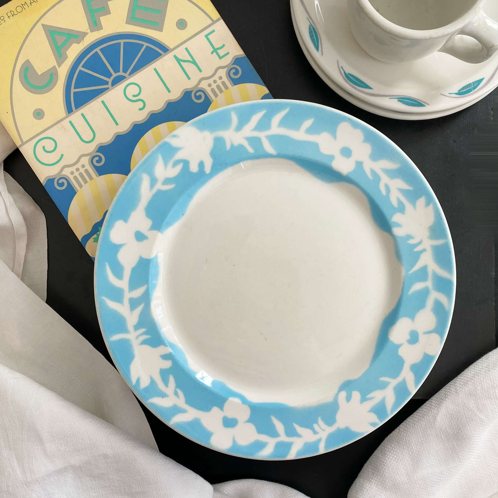 Rare Vintage Restaurant Ware Dinner Plate by Walker China Floral Turquoise circa 1942-1980