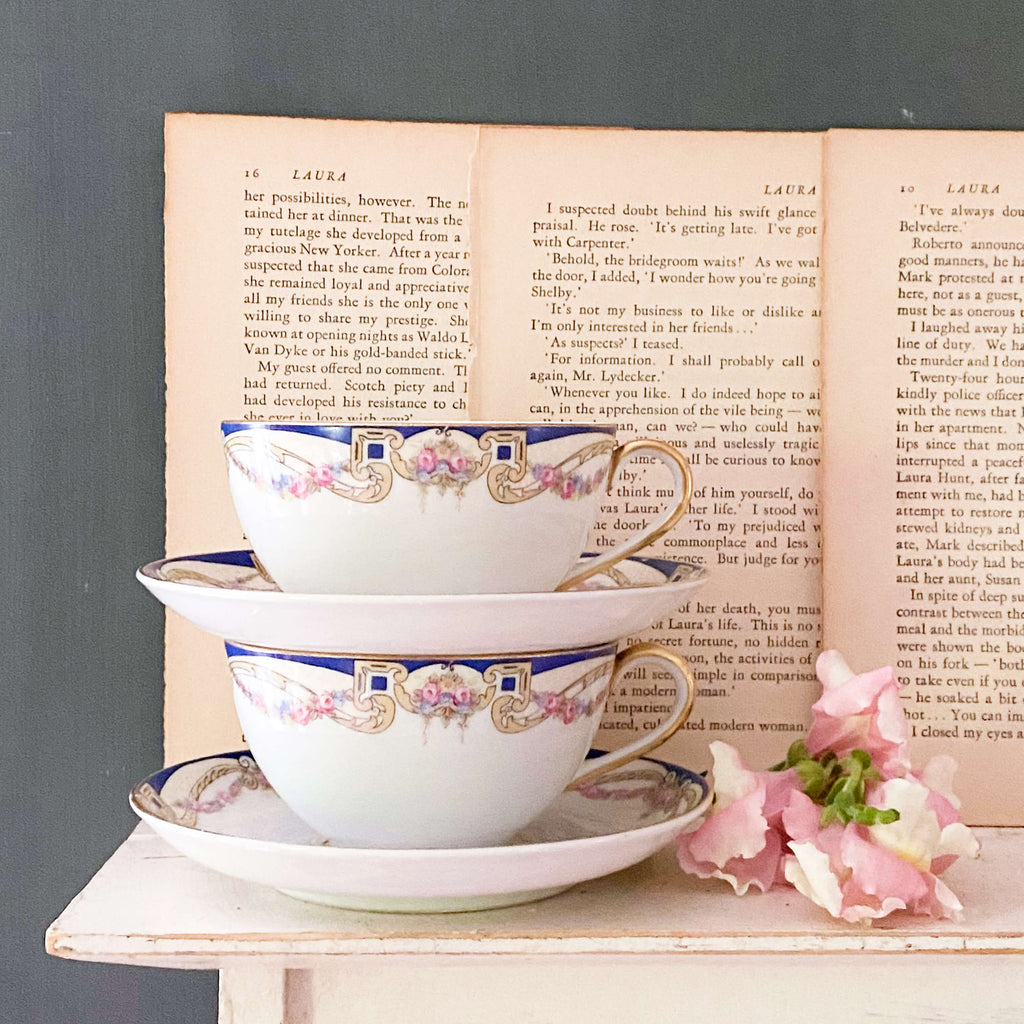 Vintage 1920s Blue and White Porcelain Cups and Saucers with Pink Roses by C. T. Altwasser Silesia circa 1925-1932