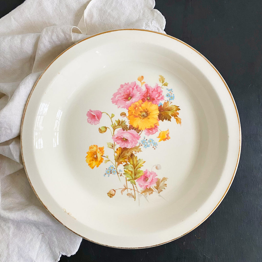 Vintage C. C. Thompson Pink & Yellow Floral Pie Dish circa 1930s