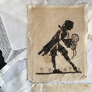 Vintage 1930s Courtly Dancing Embroidery Samplers - Baroque Era Couple - Set of Three