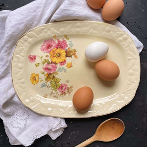 Vintage 1930s Crooksville China Platter - Euclid Pattern -  Pink & Yellow Florals with Embossed Fruit Rim