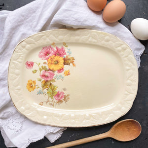 Vintage 1930s Crooksville China Platter - Euclid Pattern -  Pink & Yellow Florals with Embossed Fruit Rim